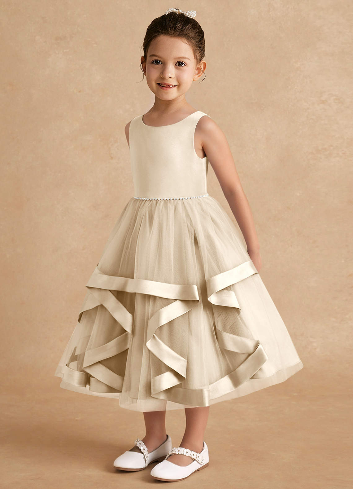 Azazie Posy Flower Girl Dresses Champagne A-Line Beaded Tulle Dress image2