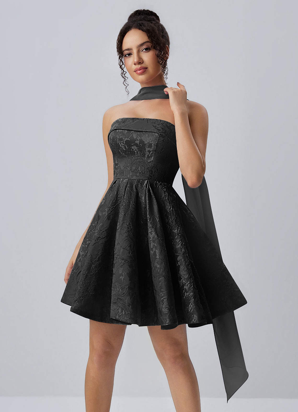 a line mini dress formal Calistabella Black A-Line Jacquard Chiffon Elegant Dark Green Strapless Ayla Collection Color:M-Ivory The layered A