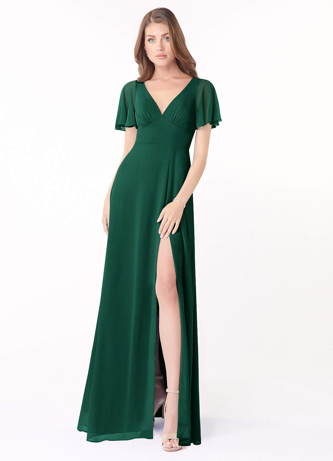 Azazie Kimber Bridesmaid Dresses Emerald A-Line Flounce Sleeve Chiffon Dress image1