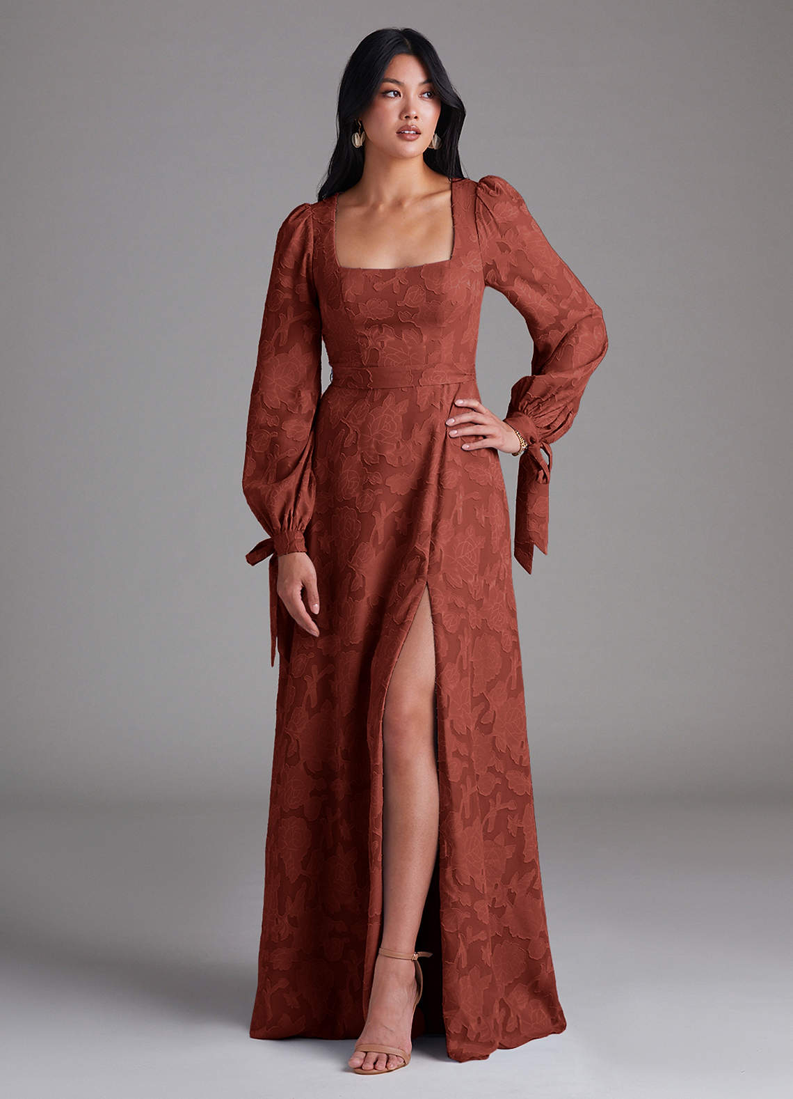 Azazie Leonia Bridesmaid Dresses Terracotta A-Line Long Sleeve Floral Burnout Dress image1