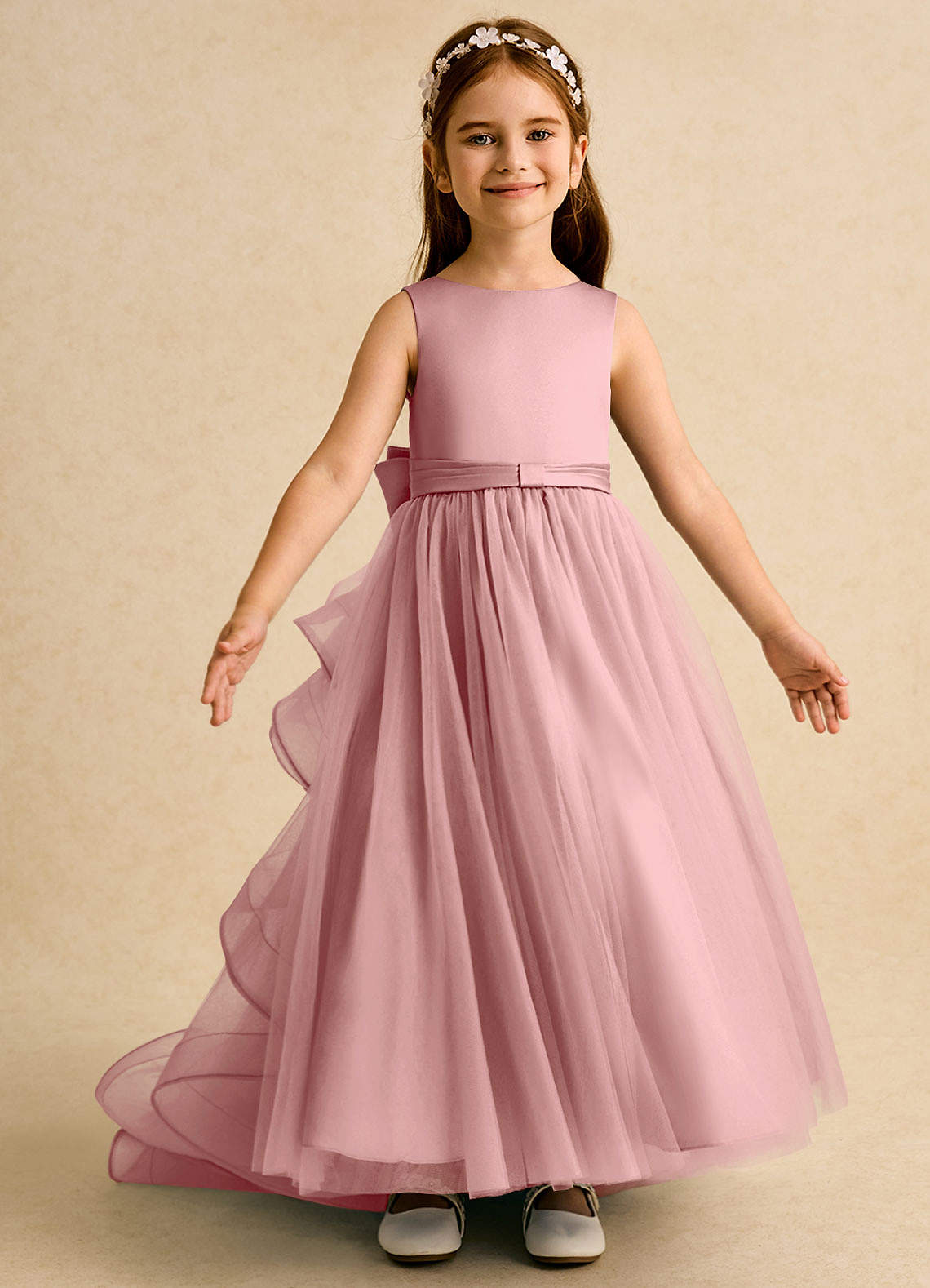 Azazie Lior Flower Girl Dresses Dusty Rose Ball-Gown Pleated Tulle Dress image5