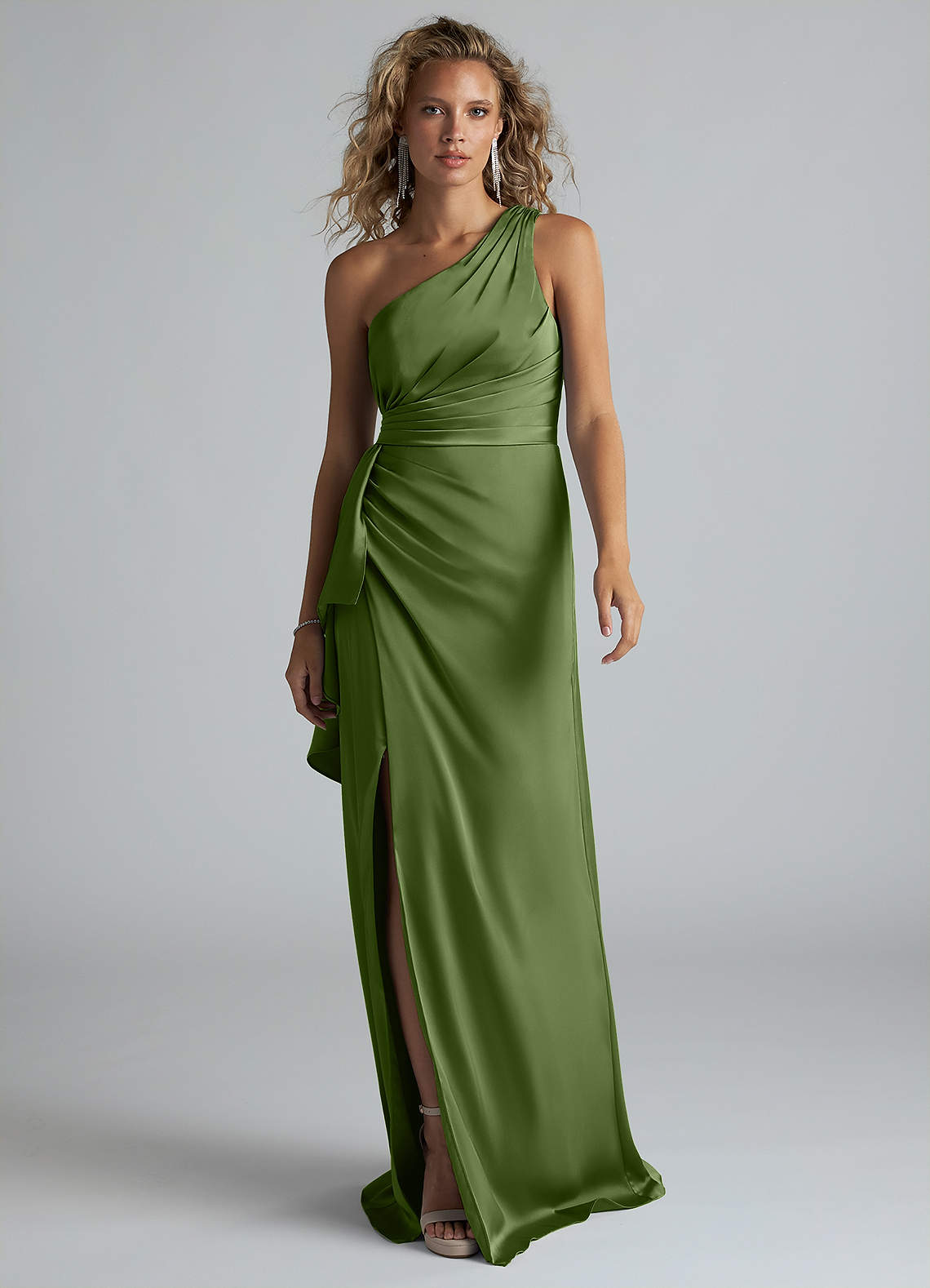 satin ruched bridesmaid dress Dusty Sage Bridesmaid Dress Silk Like Satin Sheath Floor-Length