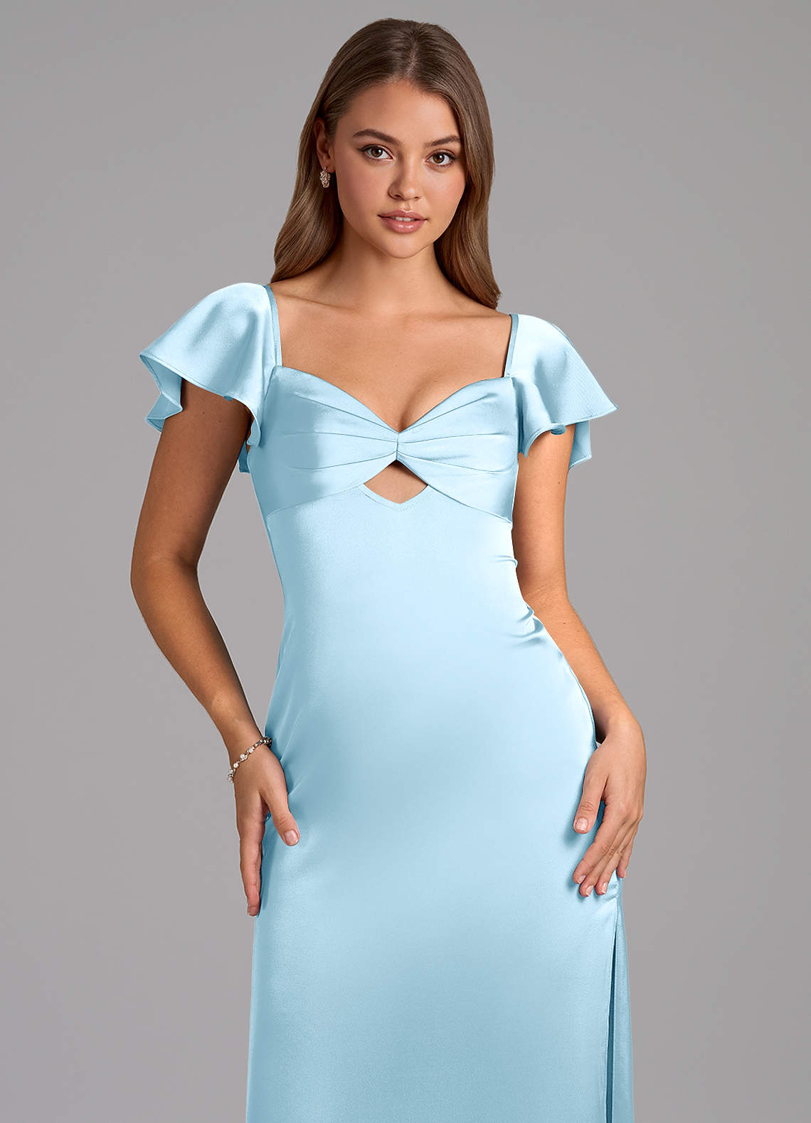Azazie Demia Vestidos de madrinha de casamento Vestido Céu Azul de Cetim elástico de Bainha com Decote em coração image6