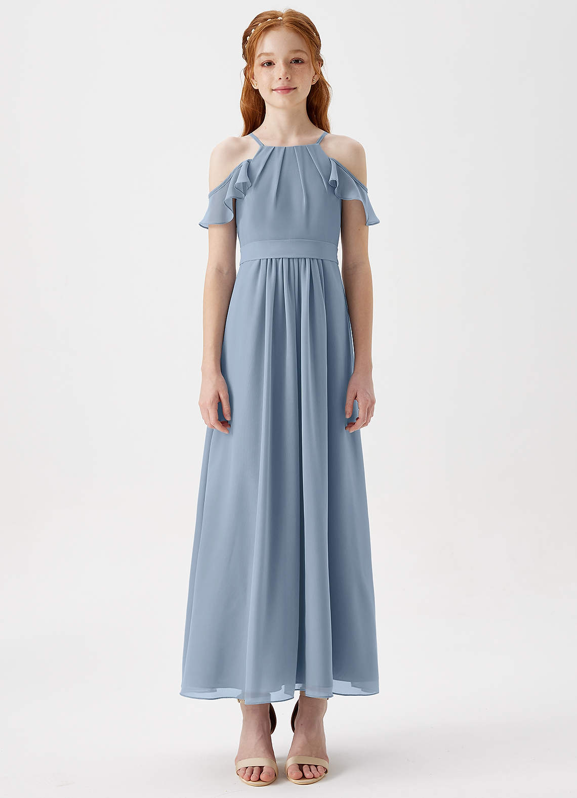 Azazie Chaya Junior Dusty Blue A-Line Off the Shoulder Chiffon Dress image2