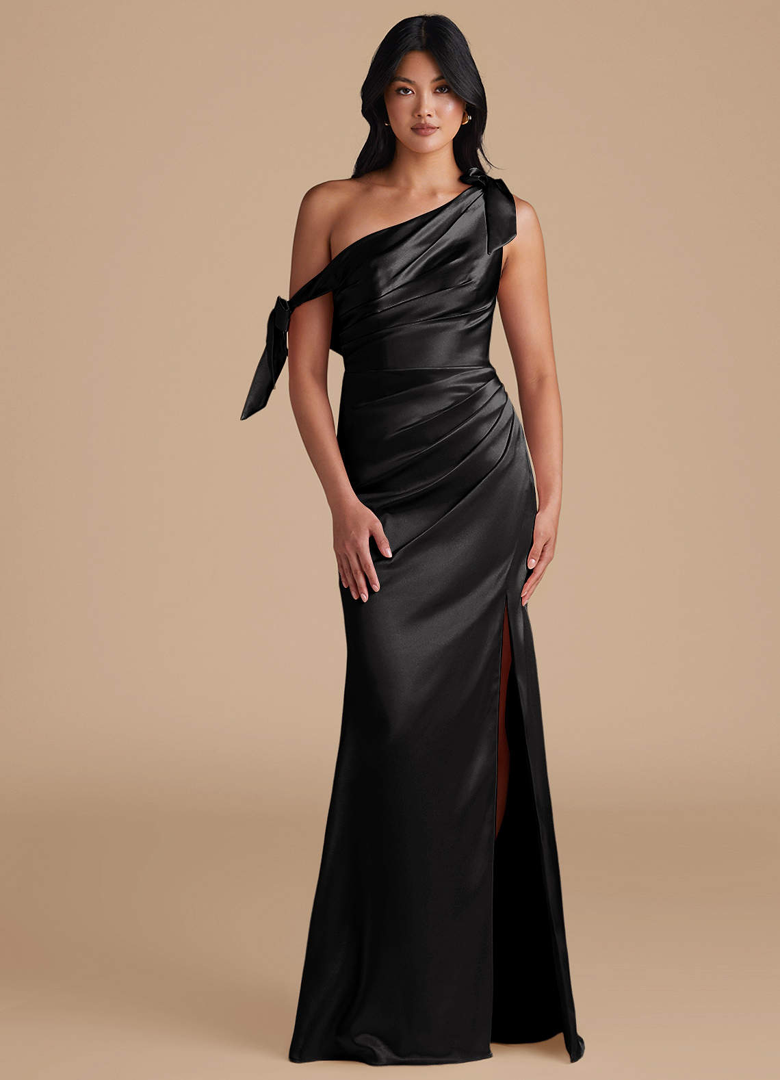 Azazie Xyla Bridesmaid Dresses Black Sheath Off the Shoulder Metallic Satin Convertible Dress image1