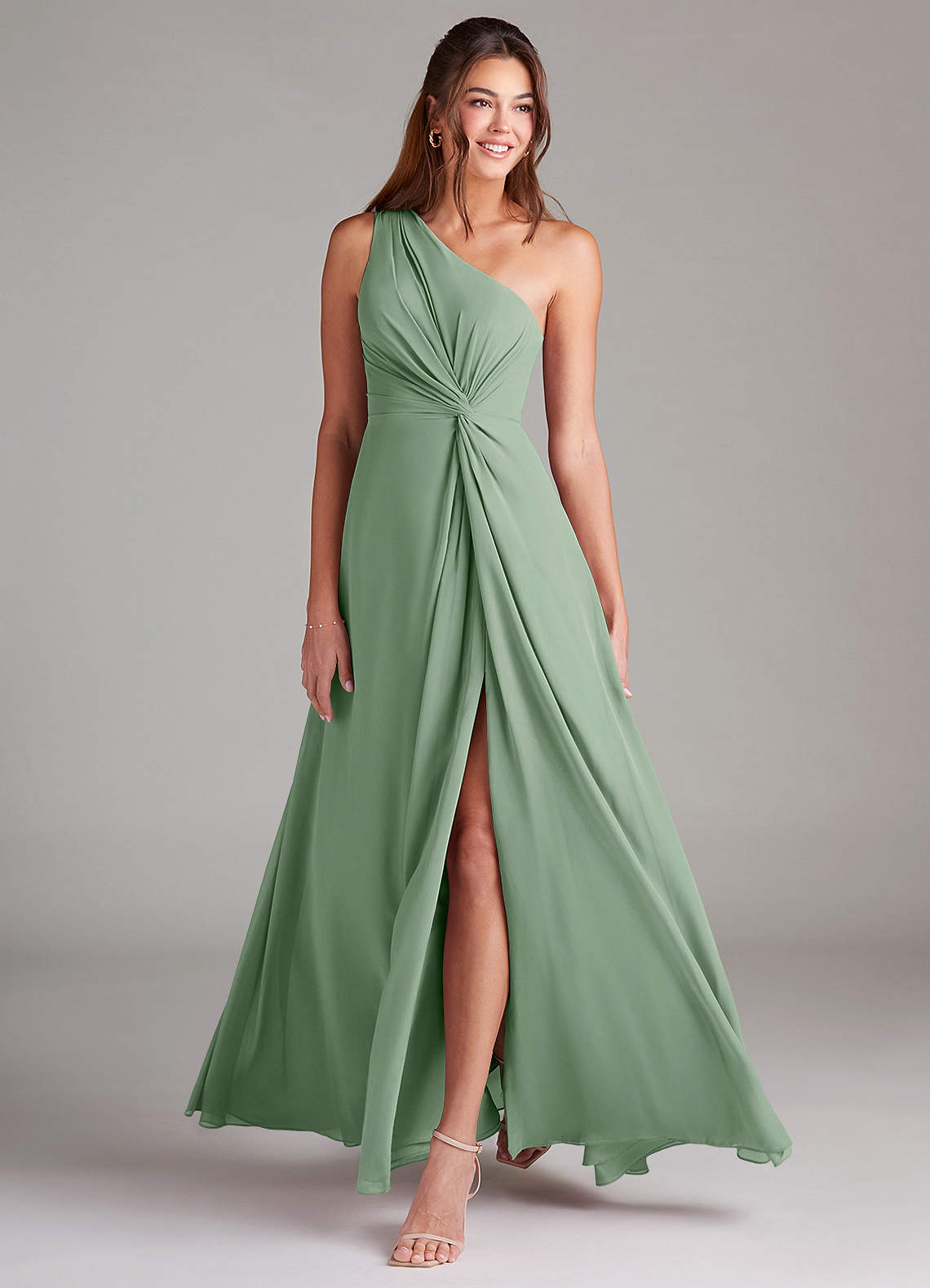 Azazie Brooke Bridesmaid Dresses Matcha A-Line One Shoulder Chiffon Dress image2