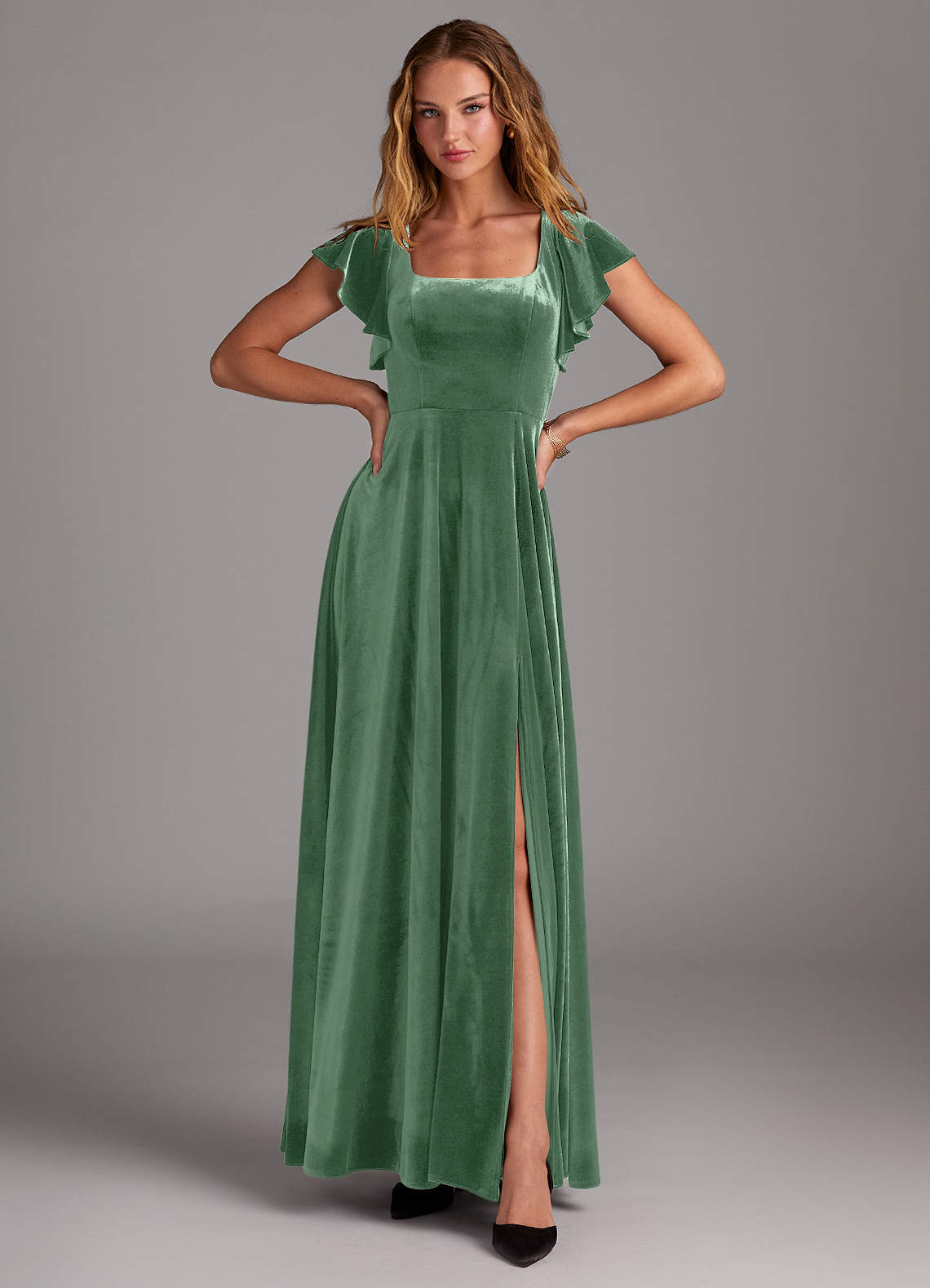 Azazie Bondi Robes de demoiselle d'honneur Robe Trapèze en velours Fente Latérale Eucalyptus image3