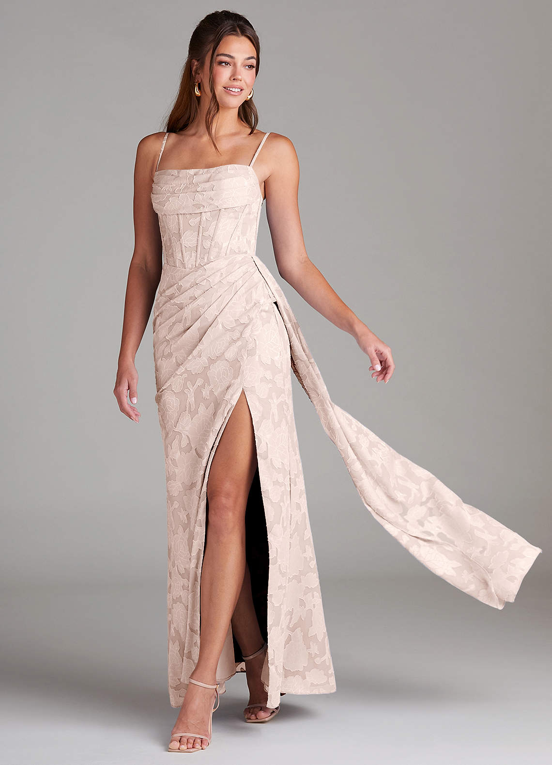 Azazie Denisa Bridesmaid Dresses Blushing Pink Sheath Pleated Floral Burnout Dress image1