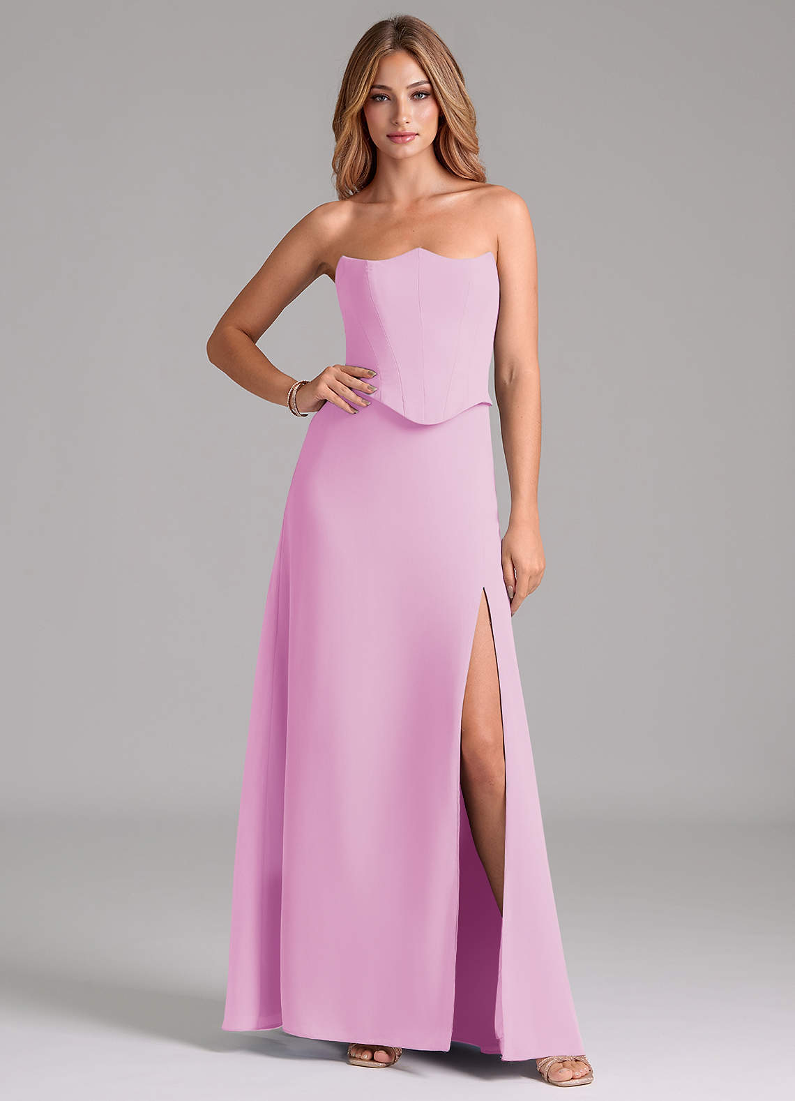 Azazie Jenilyn Vestidos de damas de honor Vestido de Rosa Caramelo de Gasa de Corte en A con Sin tirantes image1