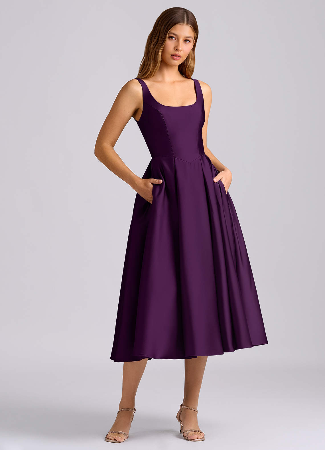 tea length bridesmaid dresses purple Short Bridesmaid Dress Double V-neck main image 0