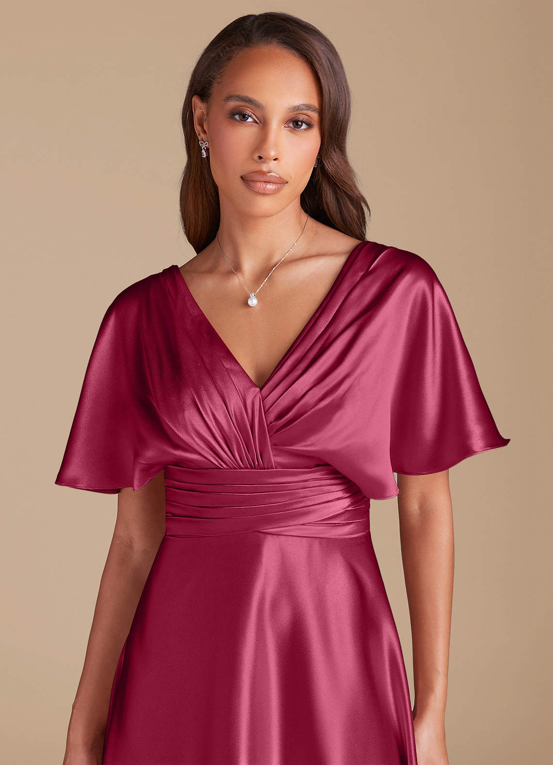 Azazie Pamela Bridesmaid Dresses Burgundy A-Line Pleated Metallic Satin Dress image1