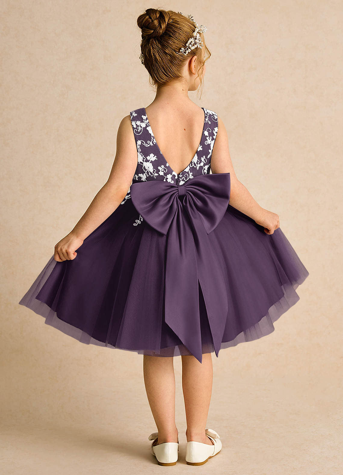 Azazie Butterfly Flower Girl Dresses Plum A-Line Lace Dress image1