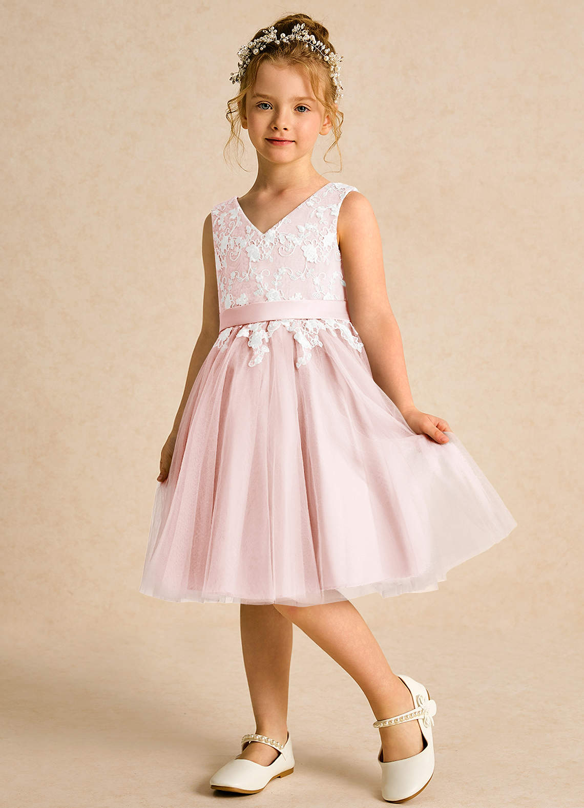 Azazie Butterfly Flower Girl Dresses Blushing Pink A-Line Lace Dress image3