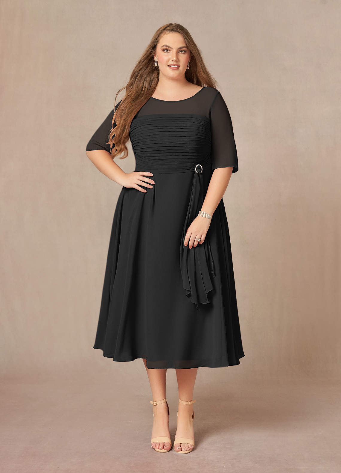 Azazie Naomi Mother of the Bride Dresses Black A-Line Boatneck Pleated Chiffon Dress image1