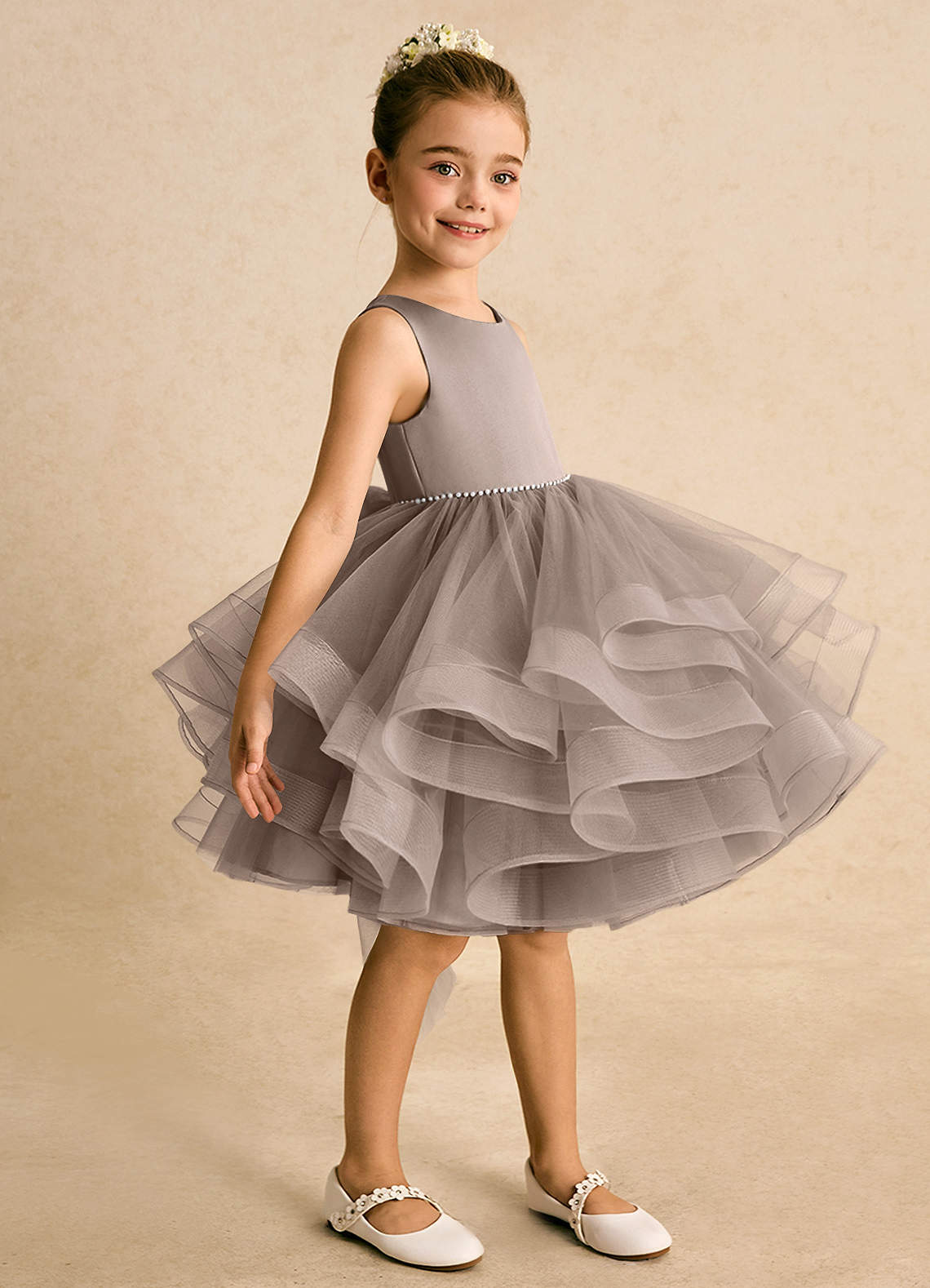 Azazie Tinie vestidos de niña de las flores Vestido de Gris Pardo de Tul de Princesa con Lazo image3