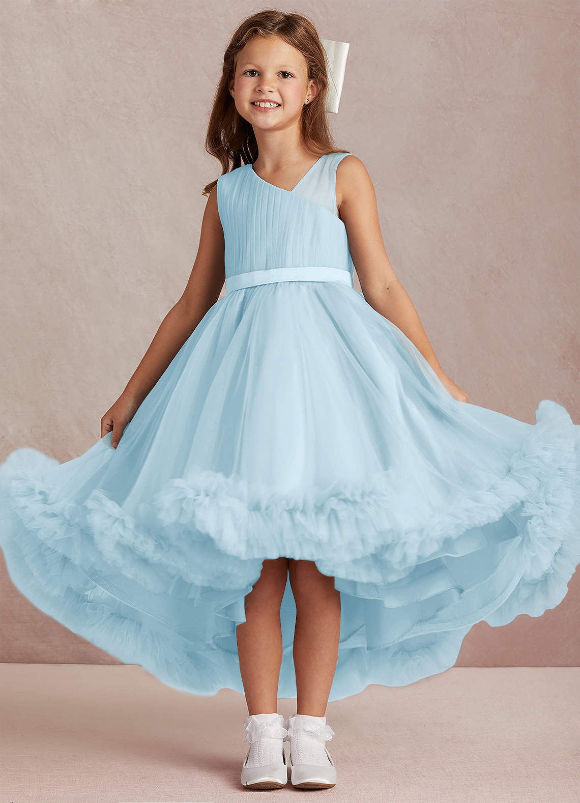 Azazie Lottie vestidos de niña de las flores Vestido de Azul Cielo de Satén de Corte En A con Hombro unilateral image1