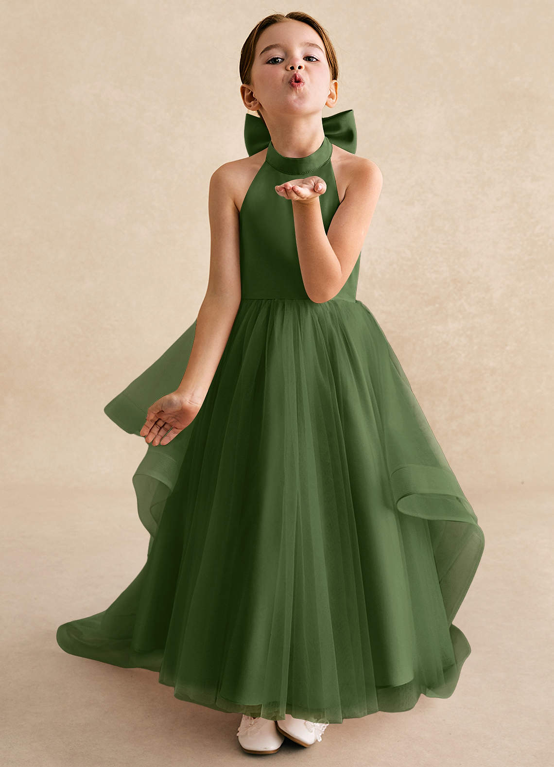 Azazie Bev Flower Girl Dresses Olive A-Line Convertible Tulle Dress image3