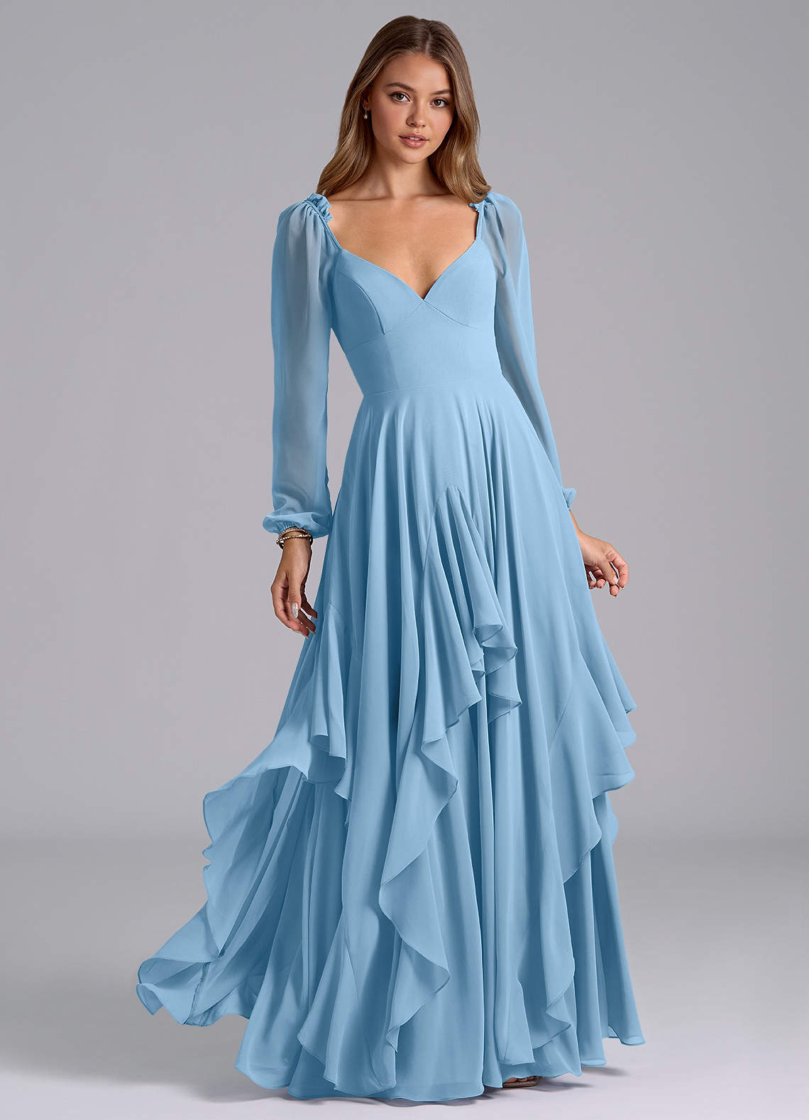 steel blue bridesmaid dresses with sleeves Azazie Karan Steel Blue Chiffon Bridesmaid Dresses