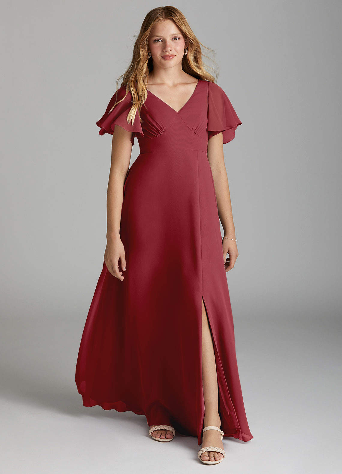 Azazie Kimber Junior Pomegranate A-Line Pleated Chiffon Dress image1