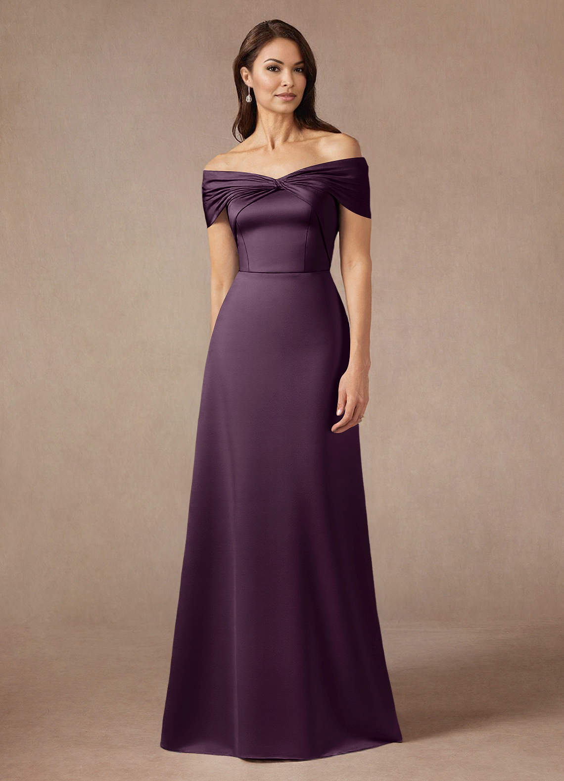 Azazie Amelia Mother of the Bride Dresses Plum A-Line Off the Shoulder Stretch Satin Dress image1