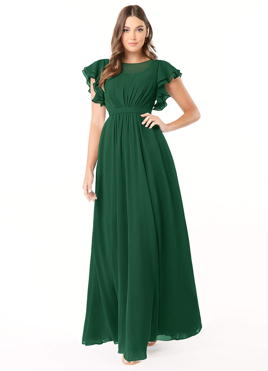 Azazie Daphne Modest Bridesmaid Dresses A-Line Ruffled Chiffon Floor-Length Dress image1