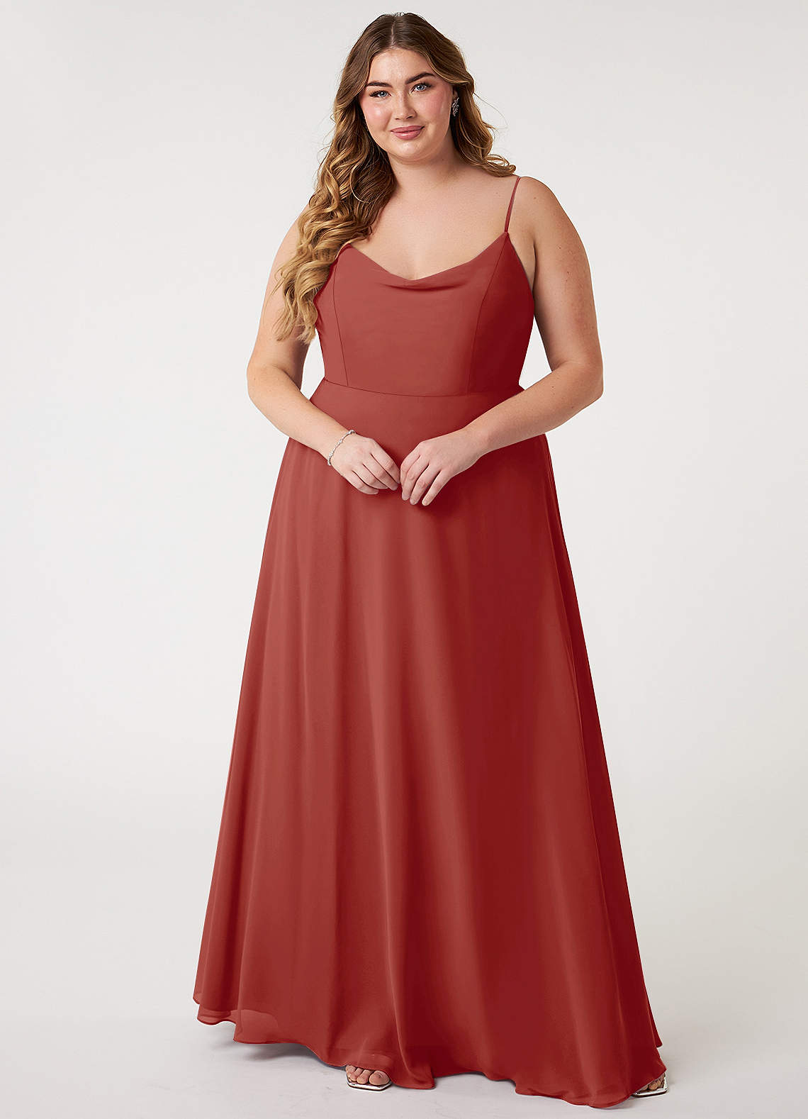 Azazie Daenerys Bridesmaid Dresses Terracotta A-Line Cowl Chiffon Dress image1