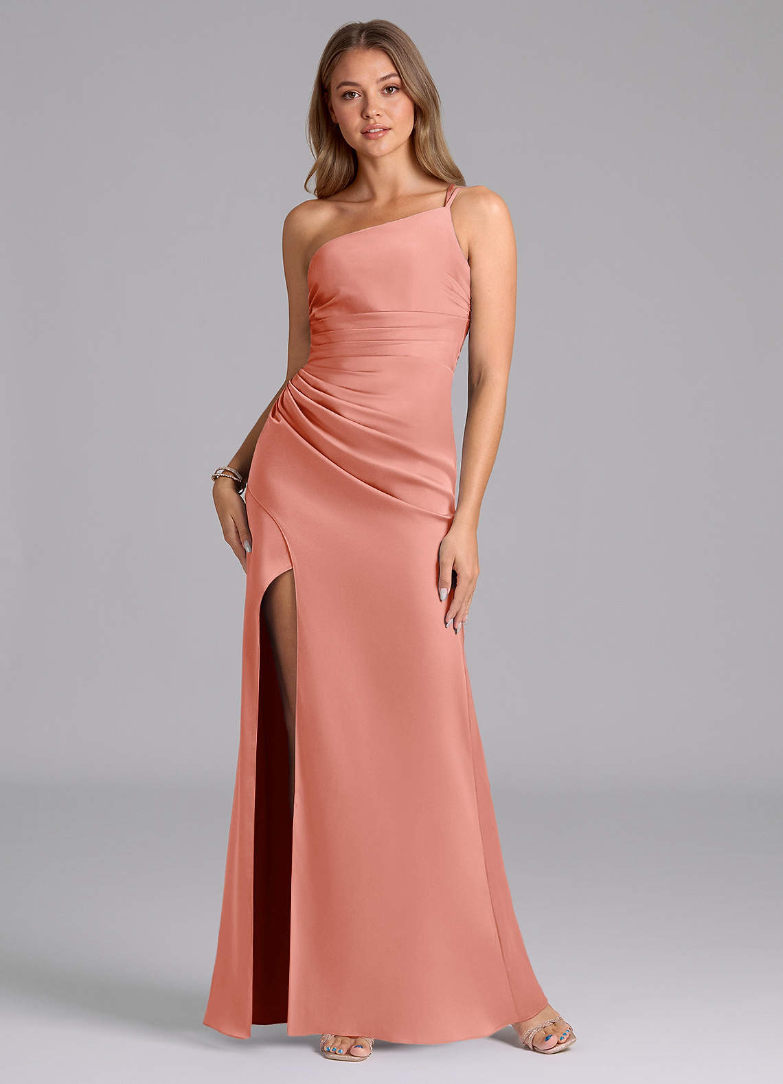 Azazie Eren Bridesmaid Dresses Coral Mermaid One Shoulder Stretch Satin Dress image1