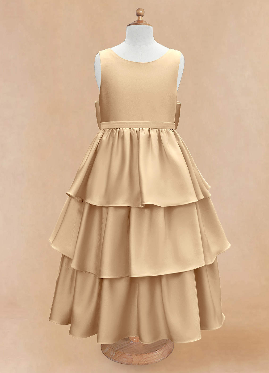 Azazie Margie Flower Girl Dresses Champagne A-Line Bow Stretch Satin Dress image3