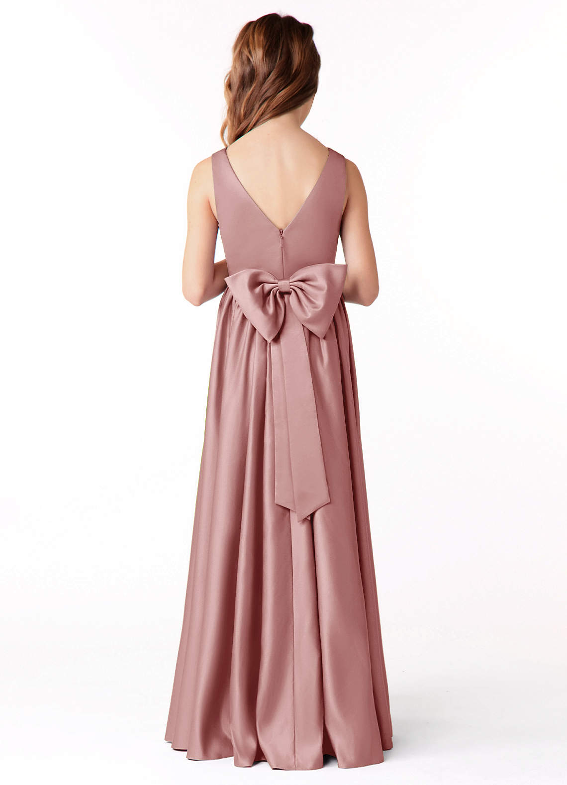Azazie Hathaway Junior Dusty Rose A-Line Bow Stretch Satin Dress image1