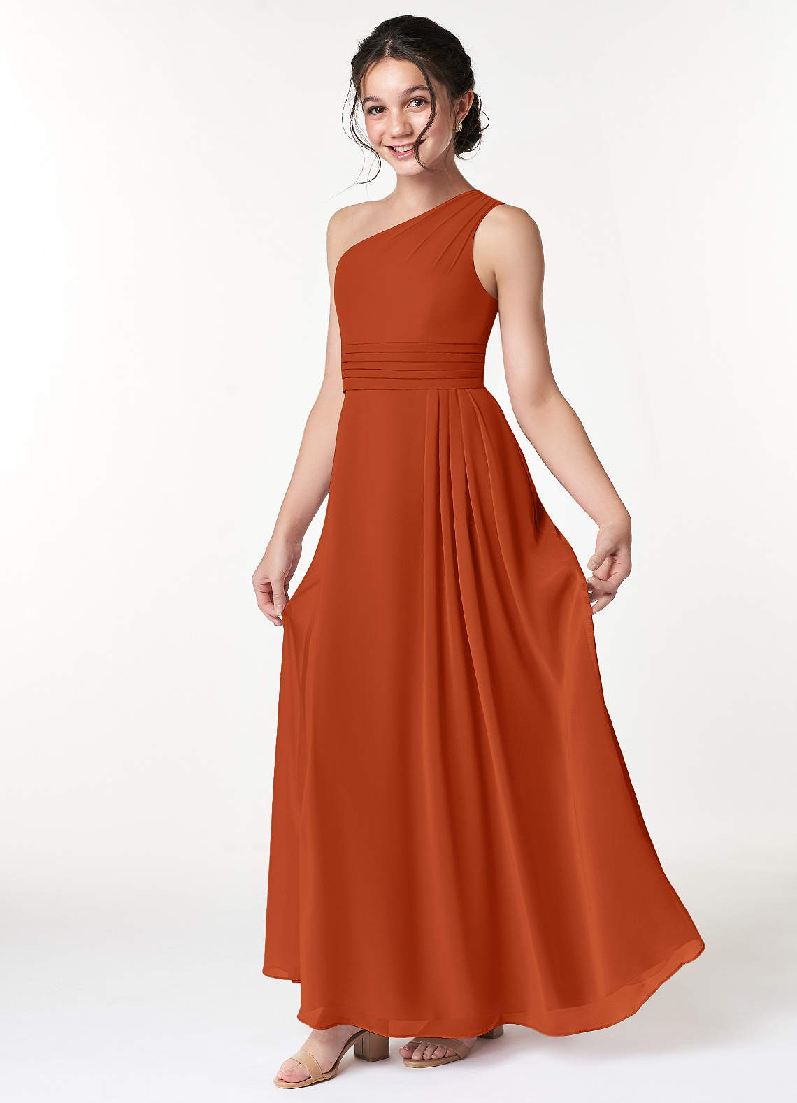 Azazie Cleo Junior Vestido de Naranja Quemada de Gasa de Corte En A con Plisado image1