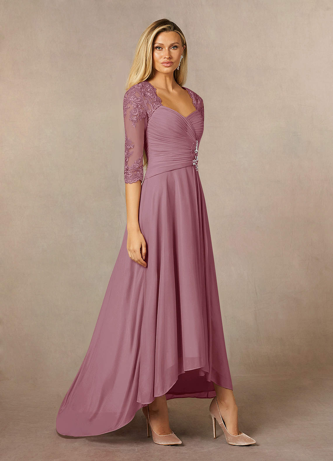 mauve lace dress with sleeves Long Sleeve Mauve Formal Gown: La Femme 31717 Silver/Mauve / 2