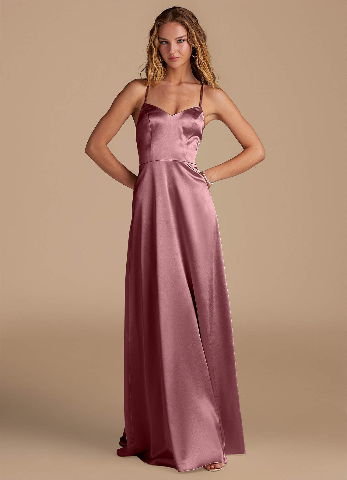 Azazie Mei Bridesmaid Dresses Vintage Mauve A-Line Metallic Satin Dress image1