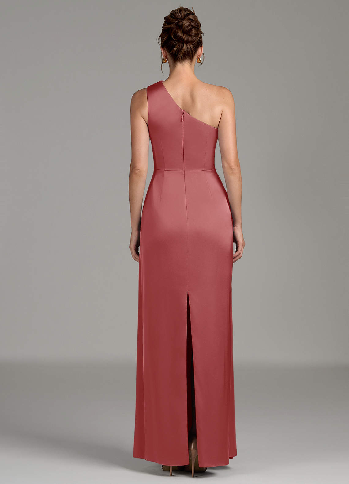 pink sheath dress formal Azazie Zahira Ready to Ship Blushing Stretch Satin Bridesmaid Dresses Kissprom dress