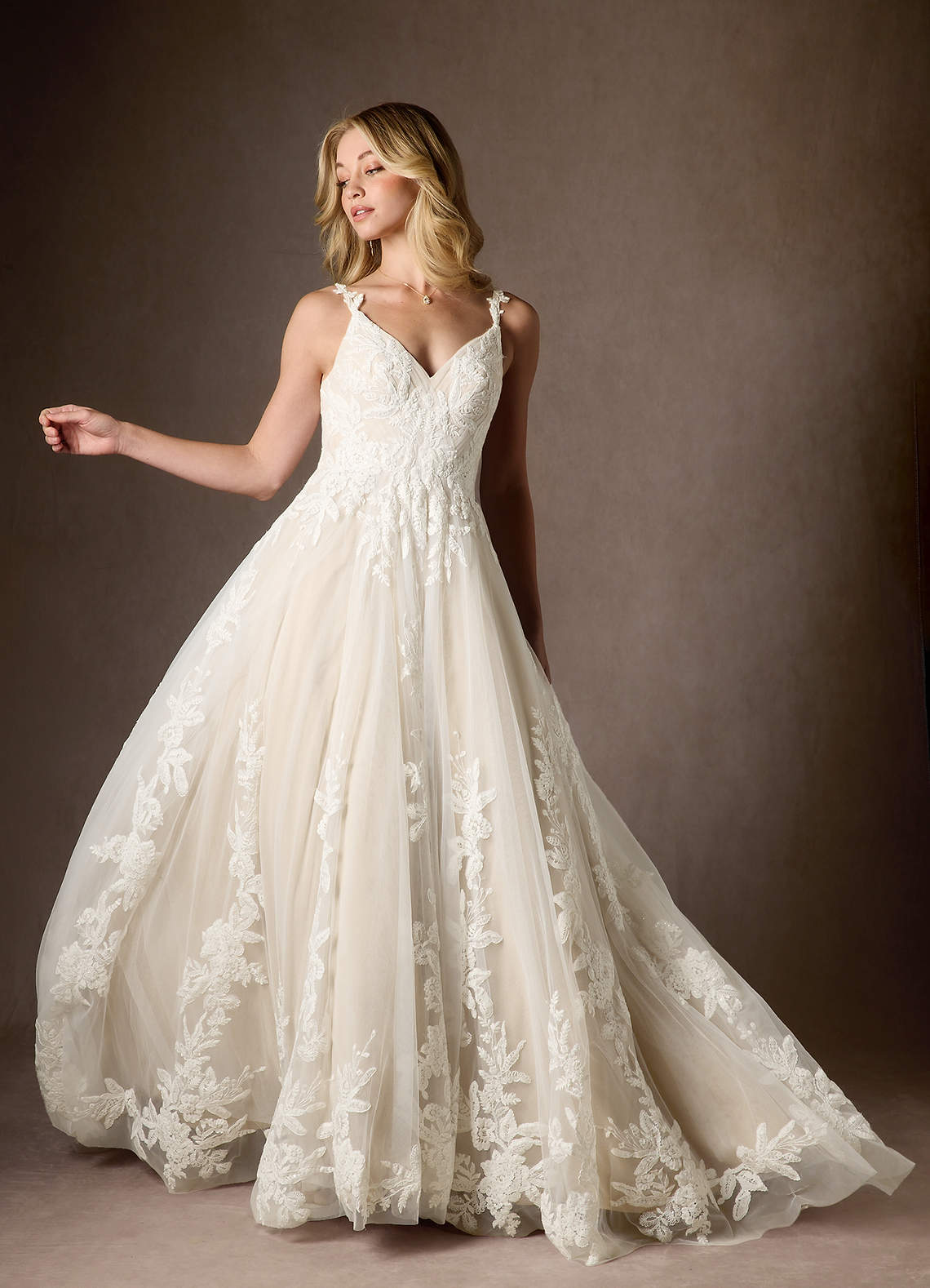 Azazie Delaina Wedding Dresses Diamond White Champagne A-Line V-Neck Sequins Tulle Dress image11