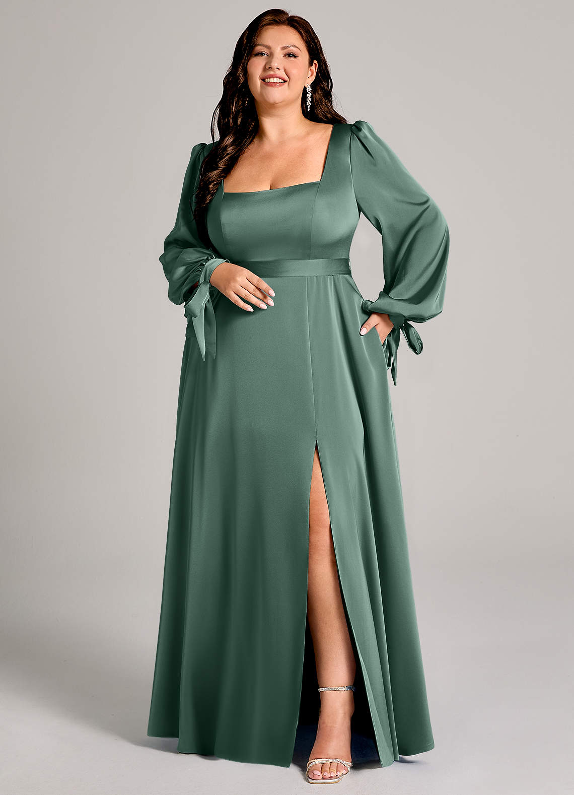 Azazie Leonia Bridesmaid Dresses Eucalyptus A-Line Long Sleeve Stretch Satin Dress image1