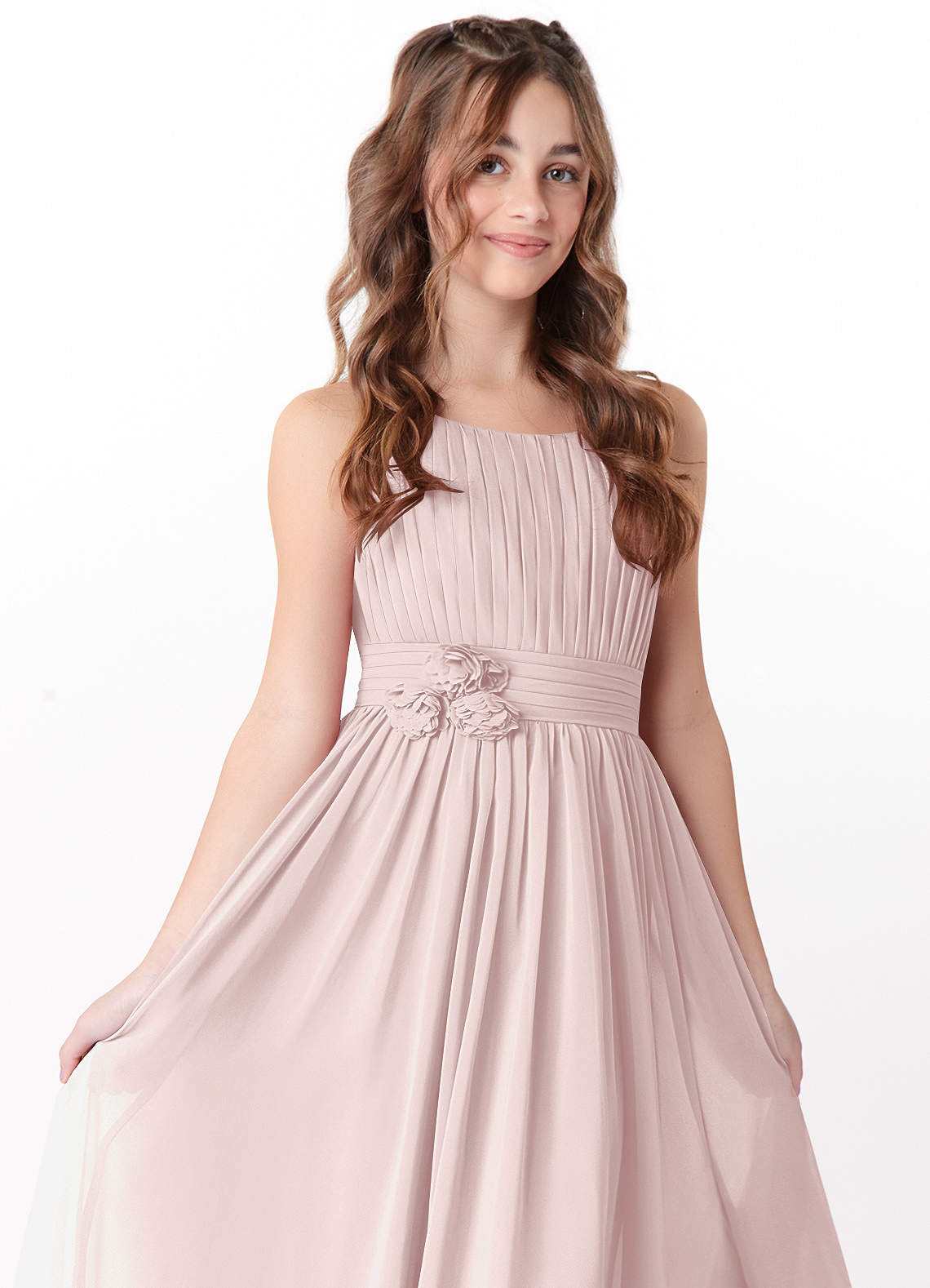 Azazie Astrid Junior Blushing Pink A-Line Floral Chiffon Dress image1