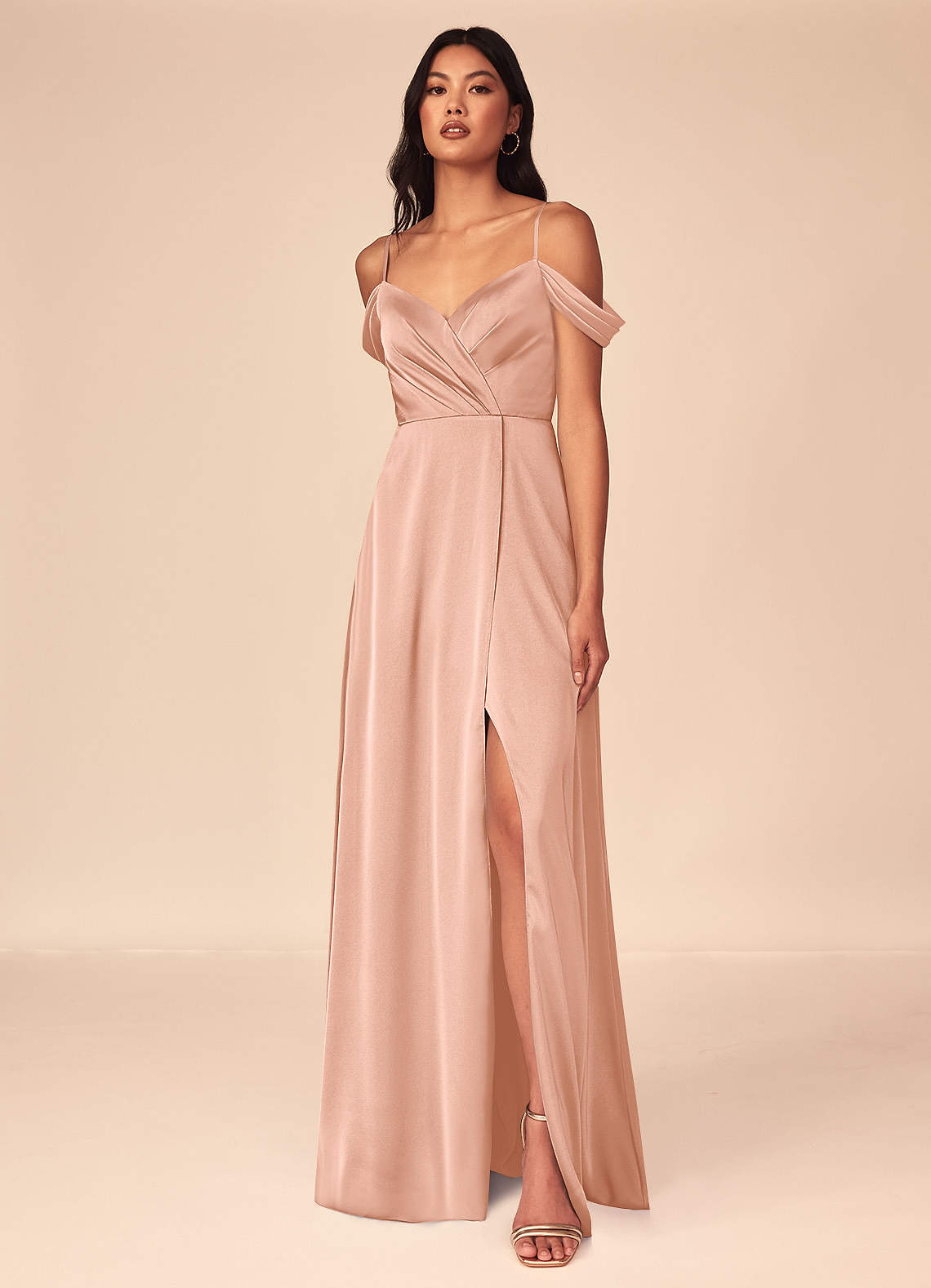 Azazie Ocean Bridesmaid Dresses Rose Gold A-Line V-Neck Pleated Stretch Satin Dress image1