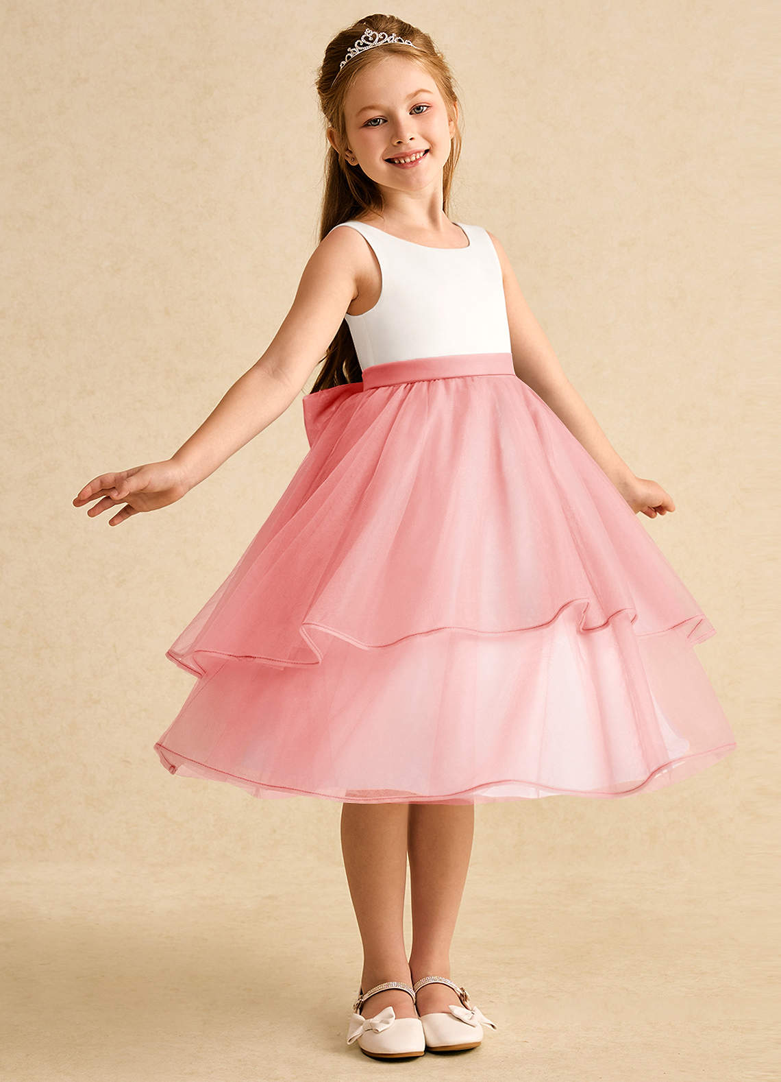 Azazie Rene Flower Girl Dresses Ivory Coral A-Line Bow Tulle Dress image1