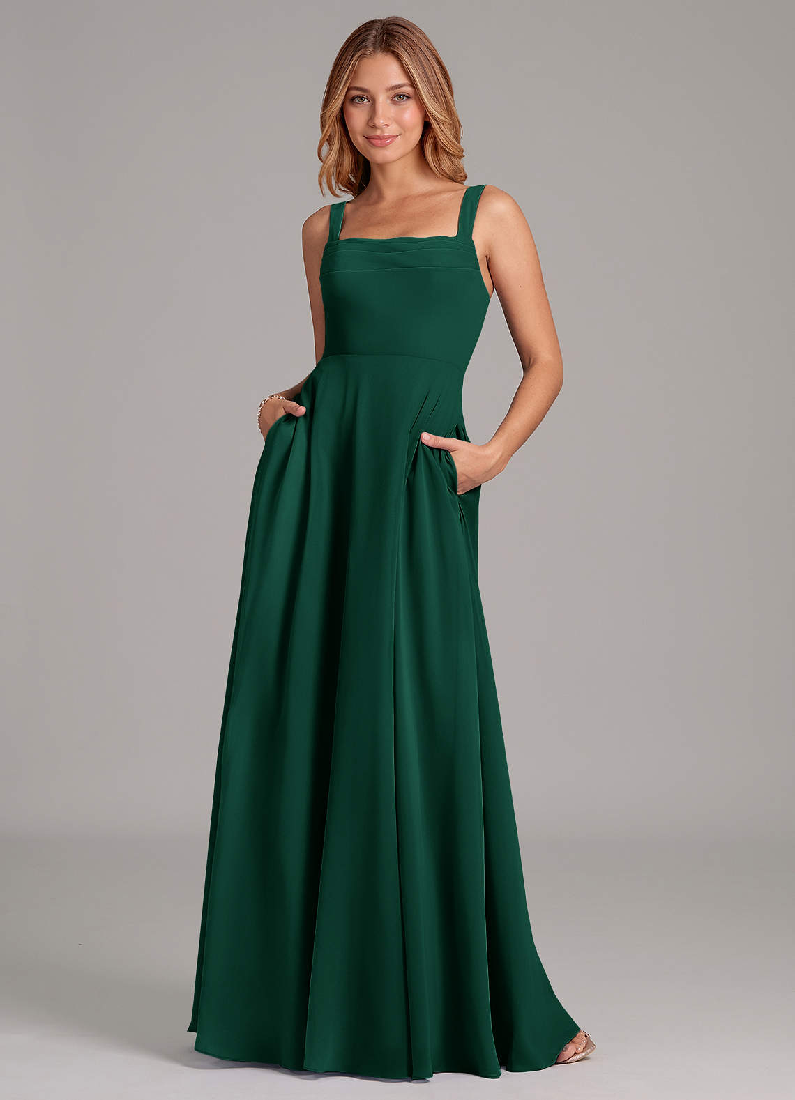 Azazie Shaude Abiti da Damigella Abito A-Line in Chiffon Plissettato Smeraldo image1