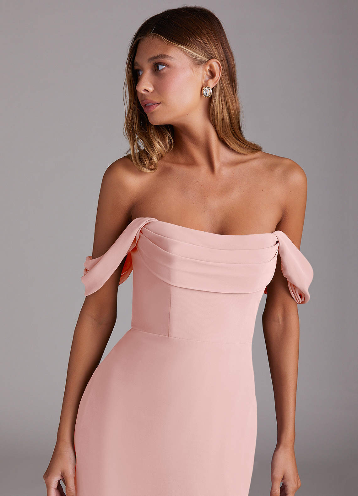 Azazie Saige Bridesmaid Dresses Powder Pink A-Line Off the Shoulder Chiffon Convertible Dress image4