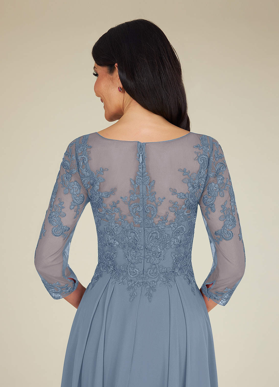 A-Line Lace Applique Chiffon Tea-Length Dress Dark Navy