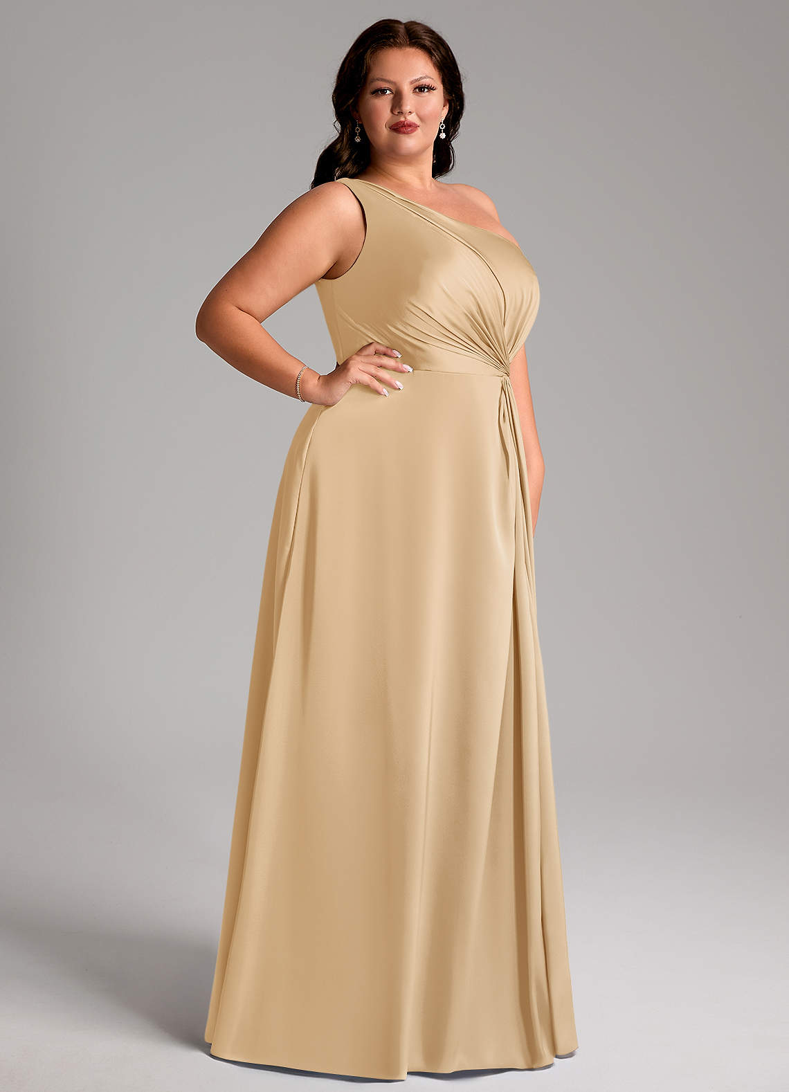 Azazie Brooke Bridesmaid Dresses Gold A-Line One Shoulder Stretch Satin Dress image9