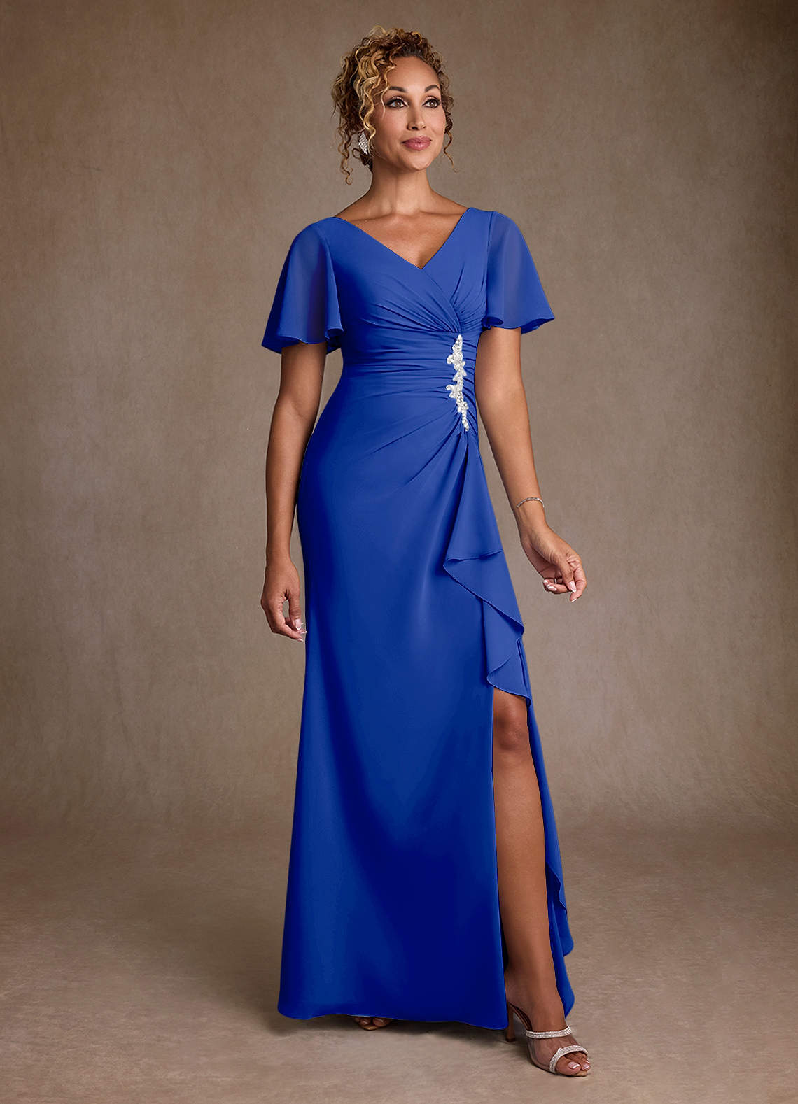 Azazie Suffolk Mère de la mariée Robes Robe Trapèze en Mousseline de soie Plissée Bleu Roi image1