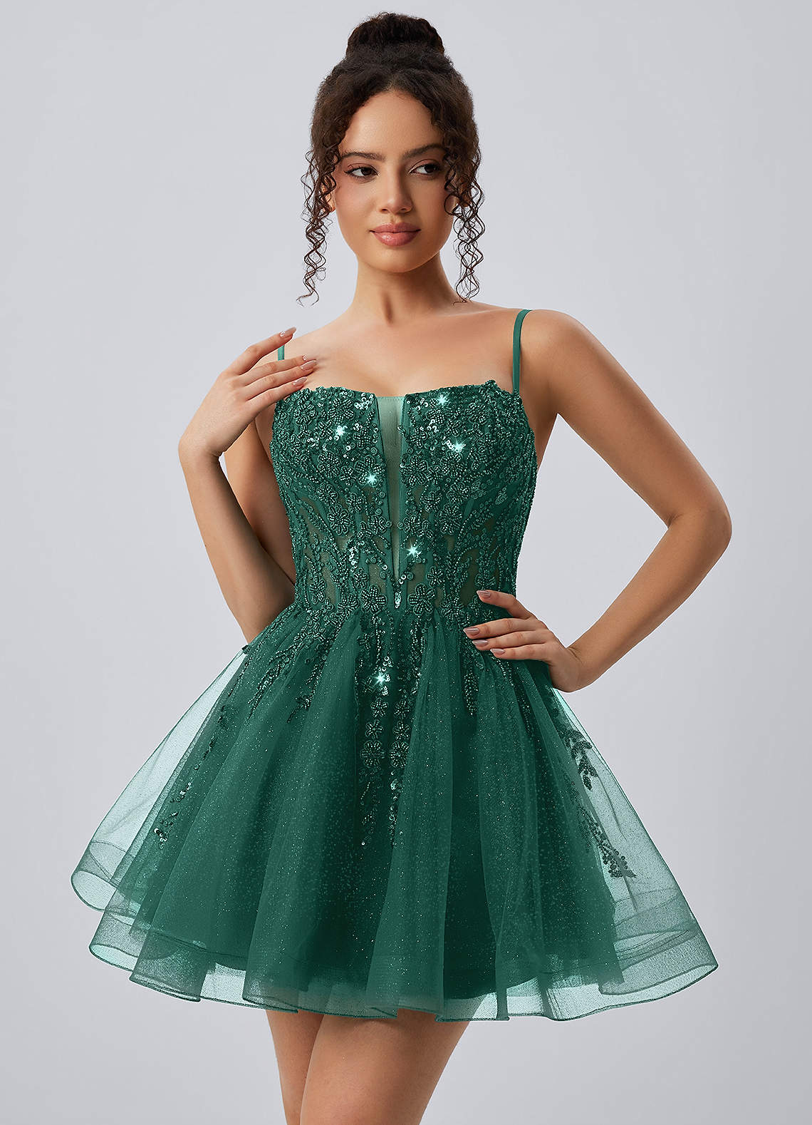Odette Dark Green Spaghetti Strap Sequin Tulle Lace-Up Skater Mini Dress