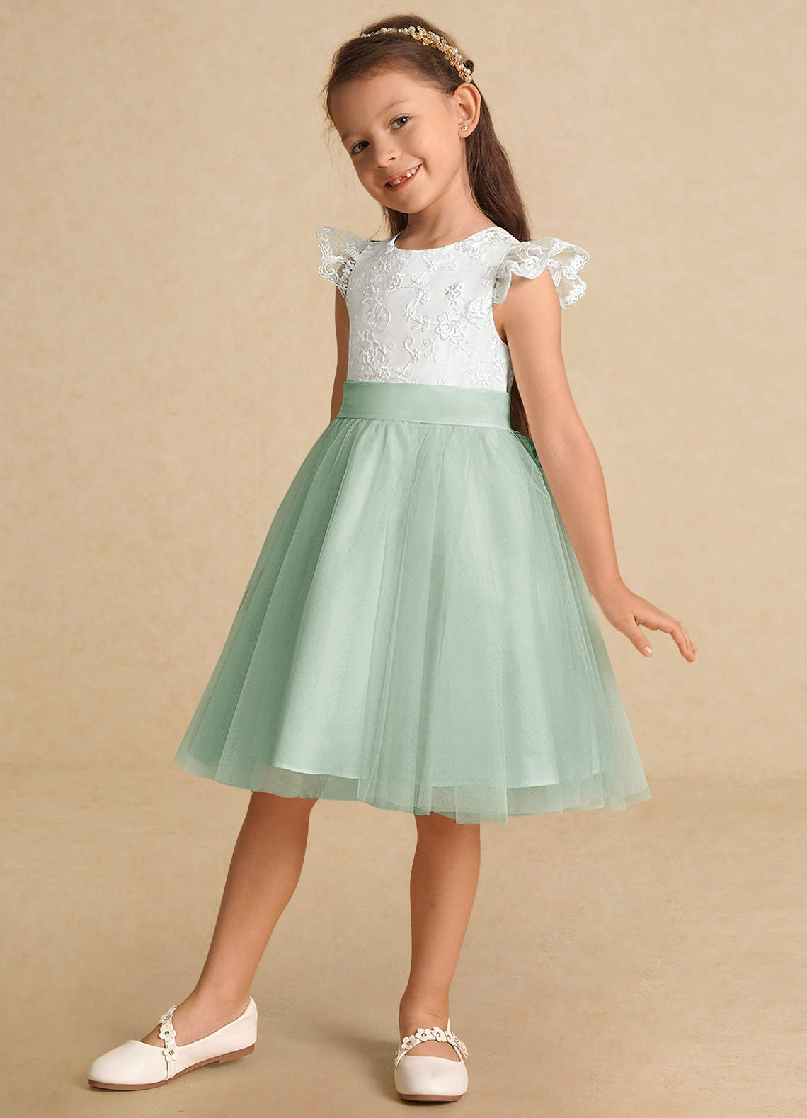 Azazie Vetty Flower Girl Dresses Ivory Agave A-Line Lace Tulle Dress image2