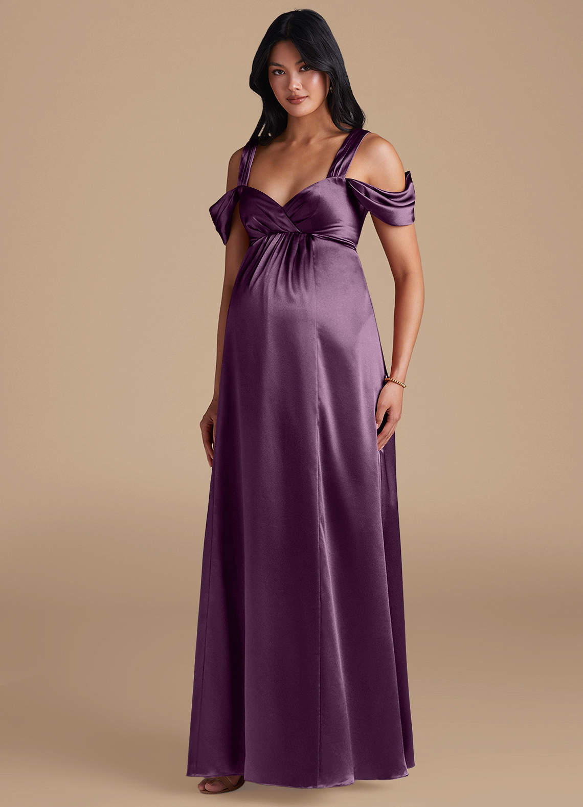 Azazie Rhea Maternity Bridesmaid Dresses A-Line Pleated Metallic Satin Floor-Length Dress image1
