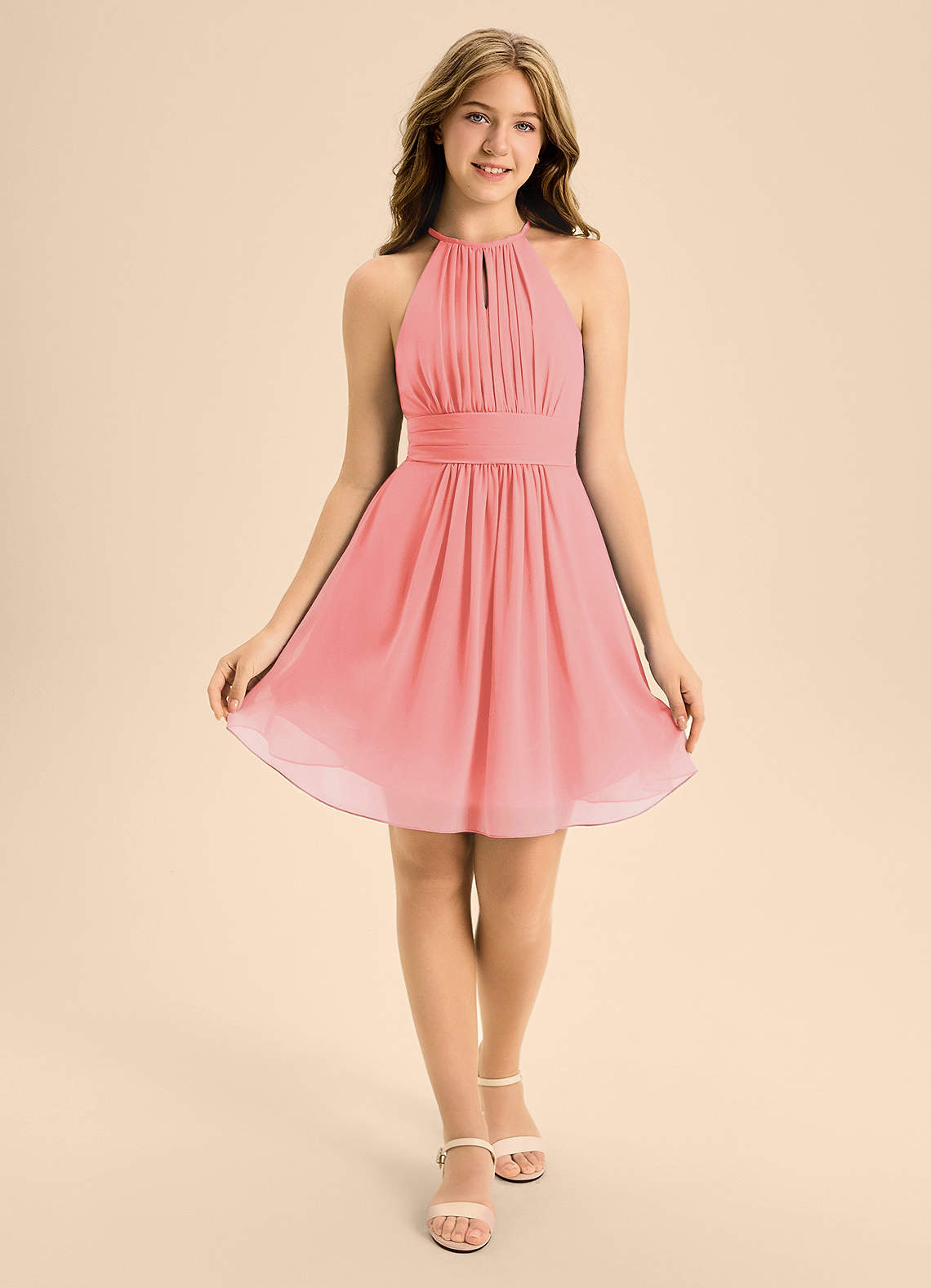 Azazie Bonnie Junior Coral A-Line Pleated Chiffon Dress image1