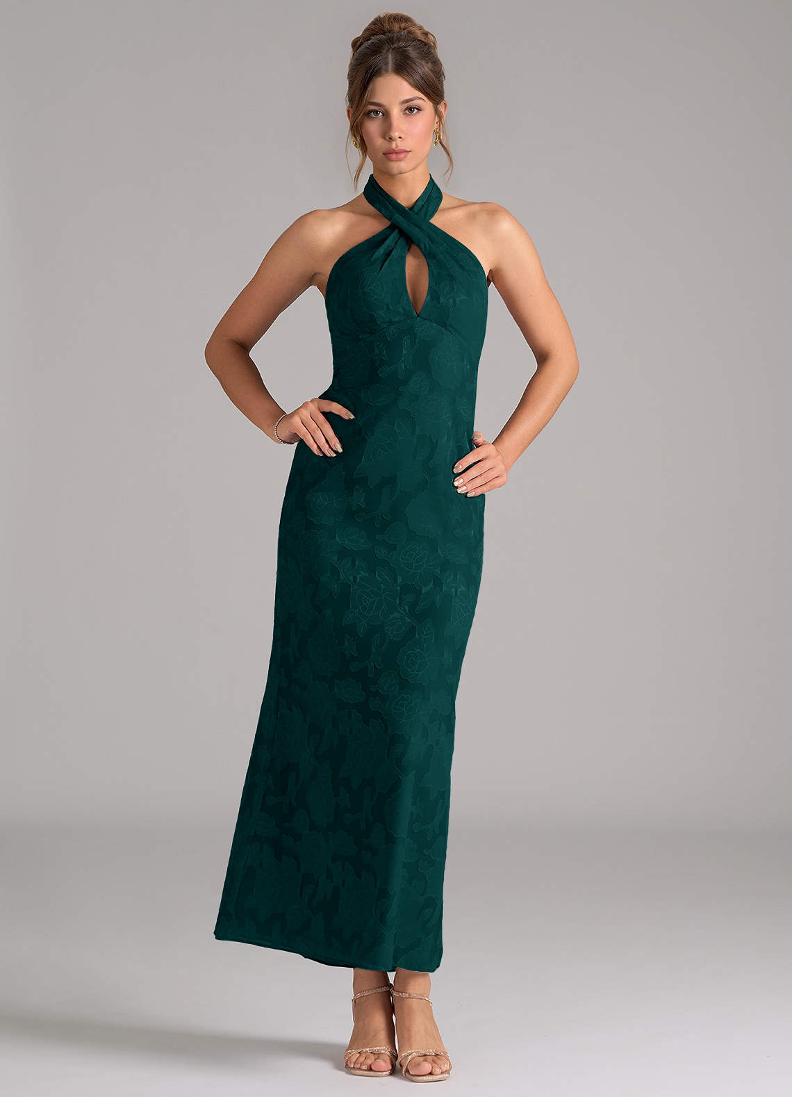 Azazie Marlissa Bridesmaid Dresses Pine Sheath Pleated Floral Burnout Dress image1