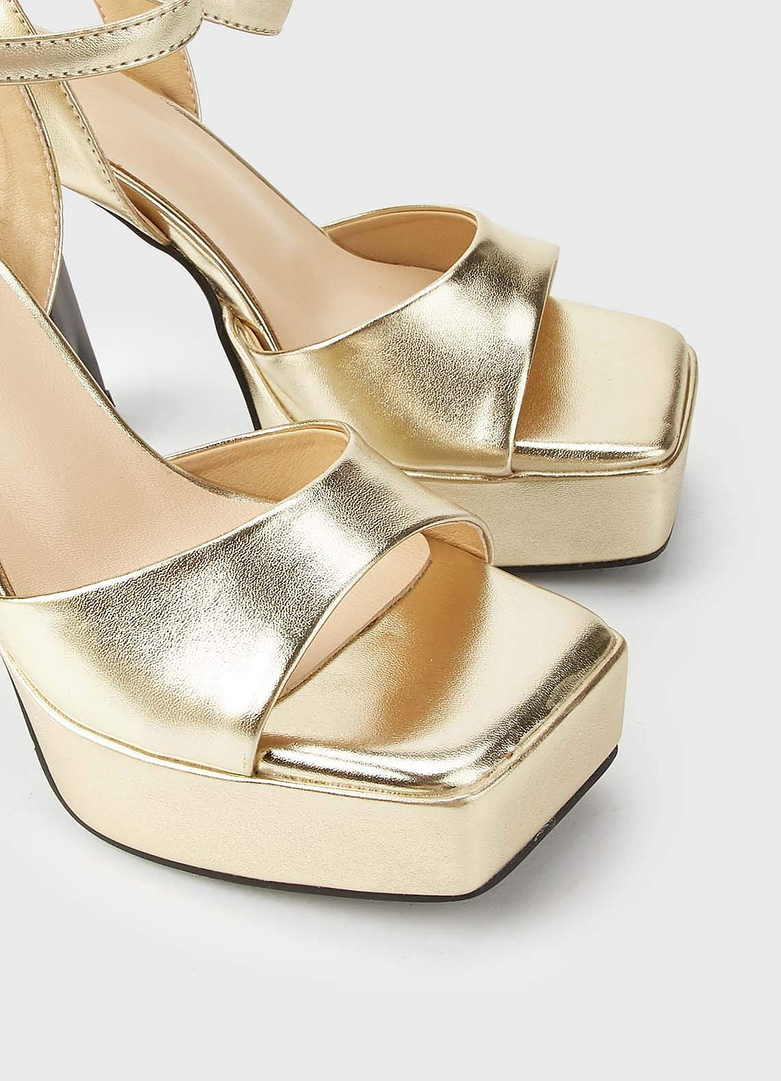 front Metallic Faux Leather Platform Heels