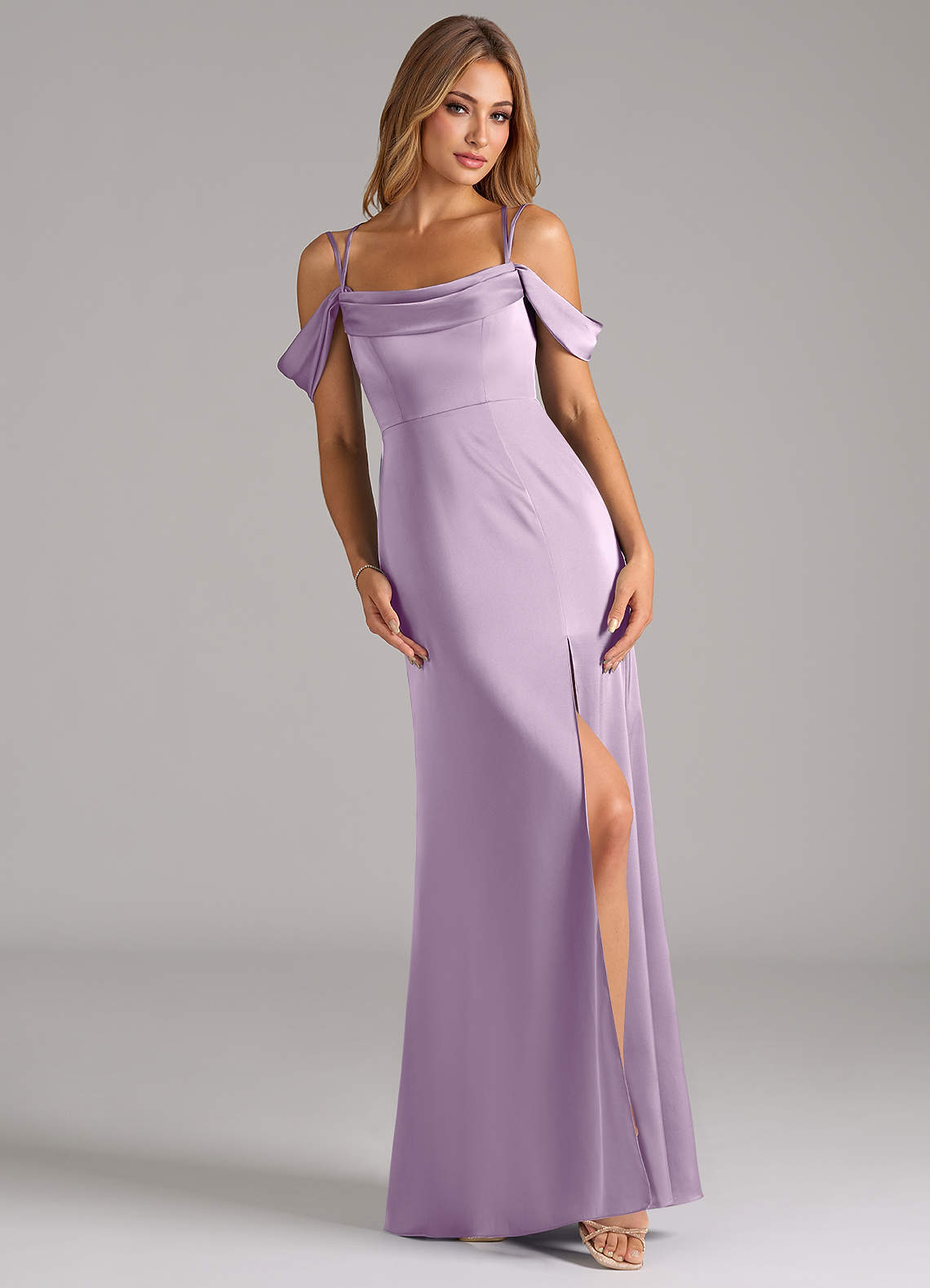 Azazie Callan Bridesmaid Dresses Frosted Lilac A-Line Pleated Stretch Satin Convertible Dress image1